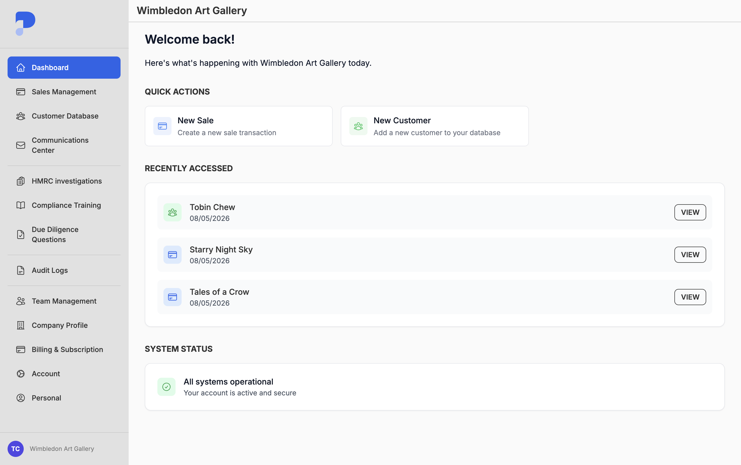 Proofenance dashboard home page